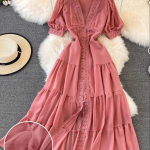 TEMU 레이스 쉬폰 디자인 드레스, 허리 주름 디자인, 효과, 휴가 및 데일리룩에 적합