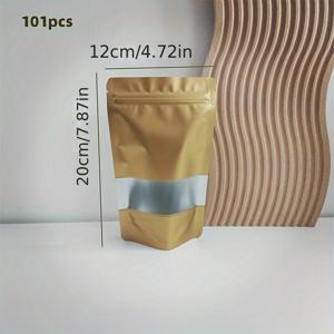 TEMU 101개 신상 골드 알루미늄 호일 스탠드업 포우치 (창문 포함), 젤리, 차, 비스킷, 커피 포장 백에 적합, 밀봉 지퍼 백