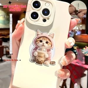 TEMU 2D 플랫] 귀여운 핑크 밀크티 고양이 디자인 아크릴 휴대폰 거치대 1개, 접이식 그립 스탠드, 범용 스마트폰 액세서리