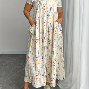 TEMU 플러스 사이즈 - 플러스 사이즈 - 플러스 사이즈 여성 플로럴 프린트 원피스, 더블 포켓 및 스트래피 디테일, 여름 캐주얼 웨어에 적합한 미드 레인지 원피스