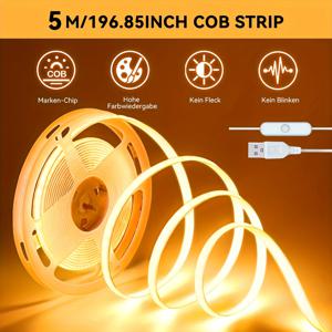 TEMU 5M LED COB 스트립 라이트, USB 전원 접착식 유연 절단 가능 테이프 라이트, 화이트/웜 화이트 (6000K/3000K), 실내 사용에 이상적인 유연한 LED 조명, 가정, 주방, 옷장 및 캐비닛 및 TV 벽 장식에 적합