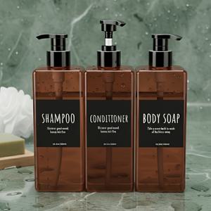 TEMU 3개입 사각 병, 플라스틱 빈 병, 16.9Oz 재사용 가능 액체 디스펜서 (라벨 포함), 500ml 재사용 가능 플라스틱 압력 펌프 병, 욕실 호텔 샴푸 컨디셔너 바디워시용, 여행용, 가정용품, 욕실용품, 비누 디스펜서