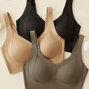 TEMU 여성용 심리스 통기성 무선 스포츠 브라 3개 세트 - 풀 커버리지, 미끄럼 방지, 리프트 지원, 편안한 핏과 리브 디테일, 나일론과 엘라스탄 혼방, 손세탁 가능 - 우아한 솔리드 컬러