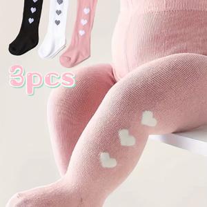 TEMU 외부 포장에 영문 세탁 라벨 부착 가능한 타이츠. 3개입 여아용 하트 프린트 타이츠, 봄 가을 겨울용 슬림핏 베이스 레이어, 여아 데일리룩에 적합