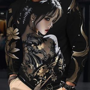 TEMU 남성용 캐주얼 긴팔 티셔츠, 블랙 앤 골드 플로럴 타투 디자인, 여성 실루엣 뒤돌아가는 장면. 부드럽고 편안하며 봄, 가을 야외 활동에 적합하며 스트리트 패션을 연상시킵니다.