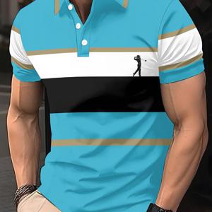 TEMU 남성용 반팔 폴로 셔츠, 캐주얼한 3D 프린트로 여름 골프에 적합, 기하학적 디자인, 남성용 독특한 반팔 셔츠