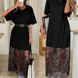 TEMU 루즈핏 드레스 티셔츠, 솔리드 컬러 반팔 롱 드레스, 레이스 패치워크 드레스
