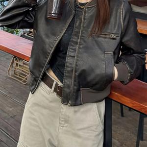 TEMU BAE 여성 브라운 빈티지 PU 레더 항공 점퍼 가을 신상 캐주얼 재킷 보온성과 방풍 기능으로 외출·모임·캠퍼스룩에 어울리는 레트로 스타일 자켓