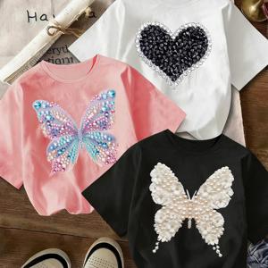 TEMU 3pcs 여아용 신상 패셔너블 라운드넥 반팔 티셔츠 세트, 여름 스타일링 스팽글 