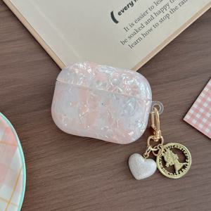 TEMU 핑크 쉘 텍스처 이어폰 케이스, Airpods Pro 2/4/3/2/1 호환, 펜던트 포함