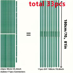 TEMU DIY 180cm/70.8인치 그린 가든 식물 지지대 및 연결 세트, 토마토, 가지, 포도나무용 내구성 있는 플라스틱 코팅 금속 말뚝 - 90cm/35.4인치 봉 22개 및 커넥터 11개 포함, 4계절용
