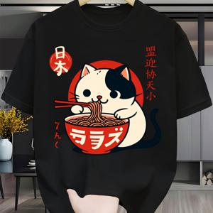 TEMU 앞뒤 프린트 반팔 티셔츠 - 고양이 라멘 먹는 장면, 일본 요리 - 여성 봄/여름 트렌디 프린트 티셔츠, 패셔너블 아이템, 다용도 캐주얼