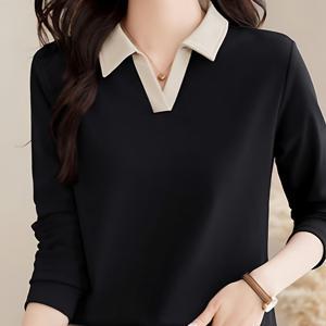 TEMU 아름다운 여성용 봄/가을 긴팔 캐주얼 편안한 라펠 티셔츠