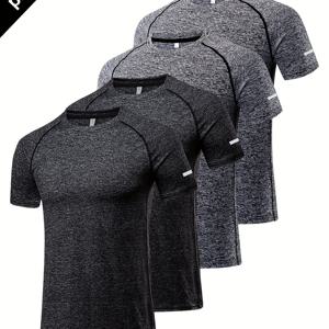남성용 4pcs 여름 스포츠 티셔츠, 탄성 피트니스 반팔 크루넥 슬림 탑, 회색 및 검정색, 스포츠, 러닝, 농구 및 피트니스, 헬스 트레이닝에 적합