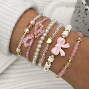 TEMU 6pcs 핑크 시리즈 유리 비즈 모조 진주 부드러운 흙 손수 제작 위치 지정 비즈 스택 브레이슬릿 세트, 귀여운 섹시 다재다능 휴가 Y2K 보우 러브 브레이슬릿
