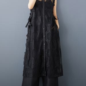 TEMU 여성용 슬리브리스 레이스 드레스, 라플 디테일 - 캐주얼 일본풍 홀로우 아웃 디자인, 흰색과 검은색 꽃무늬, 성인 캐주얼 의상에 적합, 캐주얼 의상|라플 디테일 드레스|레이스 디테일