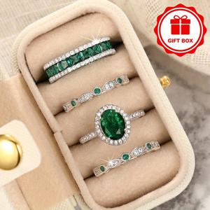 TEMU 고급스러운 그린 지르코니아 기념 반지 세트, 레트로 메이 생일 보석 여성용 연회 성격 반지, 정교한 주얼리 선물 상자 포함
