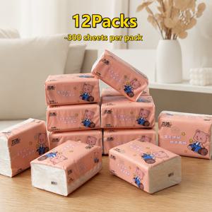 TEMU 귀여운 만화 곰돌이 4겹 초극세사 티슈 3600매, 총 12팩, 가족 및 파티용으로 매우 적합, 생일 및 일상 청소에 완벽, 휴대하기 쉬움