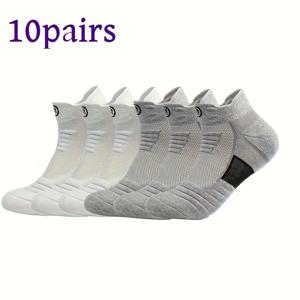 TEMU 5/10쌍 남성용 두꺼운 타월 바닥 미끄럼 방지 땀 흡수 운동용 발목 양말, 러닝 및 마라톤 & 야외 활동용 - 네이비 블루와 검은 줄무늬 디테일, 캐주얼 양말, 세탁기 사용 가능, 땀 방지