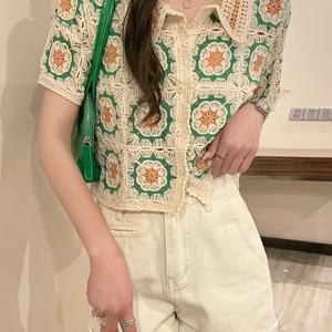 TEMU 여름 크로셰 컬러블록 라펠 체크무늬 컷아웃 활용도 높은 반소매 숏 가디건