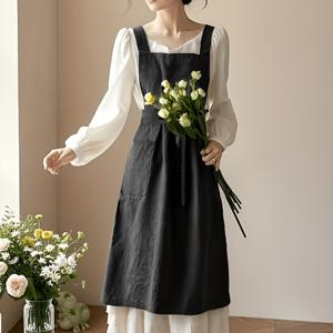 TEMU 일본식 한국식 여성용 비브 스타일 롱타이 앞치마, 우아한 가드닝 앞치마, 주방, 베이킹, 플로럴 아트, 매니큐어, 아트, 바리스타, 작업복에 적합