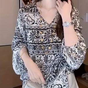 TEMU 프렌치 스타일 빈티지 V넥 긴팔 블라우스 - 루즈핏 릴리 연못 프린트 셔츠 (봄, 여름, 가을에 적합) - 세탁기 사용 가능한 프렌치 컨트리 탑