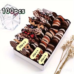 TEMU 100개 스타일 여성 헤어 액세서리 머리끈 세트 (토끼 귀, 하트, 꽃, 물방울, , 체크, 하운드투스, 단색 스타일 포함), 멀티 컬러 혼합 세트 (촬영 트레이 제외)