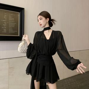 TEMU 블랙 브이넥 긴팔 셔츠 원피스 2026 봄 여름 기품 있는 허리 슬림핏 짧은 주름 스커트