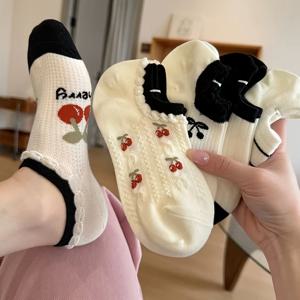 TEMU 봄/가을 스위트 소녀스타일 일본/한국 인스타 스타일 체리 리본 심플 통기성 양말 5켤레