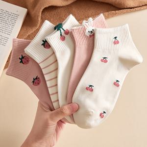 TEMU 여성용 발목 양말 5켤레, 귀여운 핑크색 체리, 딸기, 토끼 패턴, 편안함, 통기성, 캐주얼 스트리트 스타일 디자인, 사계절용
