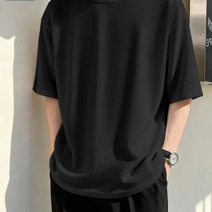 TEMU GENIO LAMODE 남성용 220G 와플 라운드넥 반팔 티셔츠, 여름 통기성 좋은 루즈핏, 텍스처감과 피부 친화적인 편안한 상의