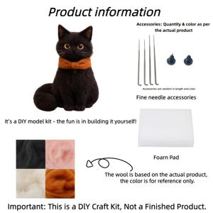 TEMU 초보자용 완전 DIY 니들 펠팅 키트 - 블랙캣 공예용 양모, 펠팅 바늘 & 폼 패드 포함 | 수제 양모 동물 만들기 단계별 설명서 | 취미생활가를 위한 올인원 선물 (도구 불필요)