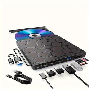 TEMU 노트북용 외부 CD/DVD 드라이브, 노트북용 DVD 플레이어, 8in 1 USB 3.0 초슬림 휴대용, 노트북 데스크탑 맥 호환 DVD/CD 버너 광학 디스크 드라이브, Windows 11/10/8/7 Linux 지원, CD/VCD/DVD 플레이어 및 버너