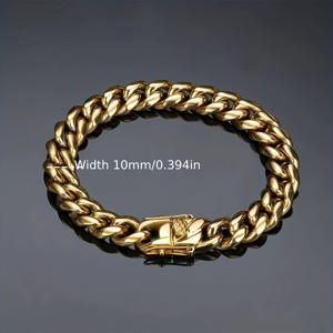 TEMU 304L 스테인리스 스틸 인조 라운드 광택 표면 도금 18K 골드 도금 폭 10mm 골든 쿠바 팔찌 '목걸이' 남녀 힙합 패션 액세서리 주얼리