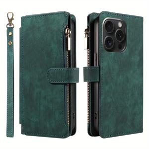 TEMU 아이폰 17 Pro Max, 17e, 17, 16 Pro Max 시리즈용 인조 가죽 빈티지 카드 슬롯 지갑 케이스 (손목 스트랩 포함)