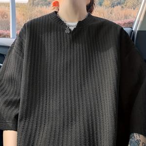 TEMU 남성용 텍스처 V넥 반팔 티셔츠, 여름 트렌디 다용도 단색 반팔, 아메리칸 스트리트웨어 루즈핏 청소년용
