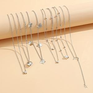 TEMU 스타일 6피스 목걸이 세트 - 별, 달, 나비, 하트 펜던트 - 파티, 데이트, 캐주얼 웨어에 적합한 우아한 아연 합금 주얼리