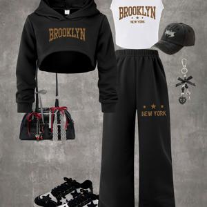 TEMU P9009(G18) 3피스 BROOKLYN 여아용 빅 키즈 긴팔 후드 반팔 스웨트셔츠 & 조끼 & 바지 캐주얼 패션 스포츠 아웃도어 세트, 야외용 3피스 세트