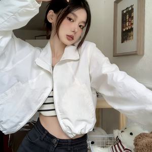 TEMU 여성용 반팔 캐주얼 루즈 재킷, 2025년 신상 여름 스타일 스탠드업 칼라 아웃도어 탑, 편안하고 미니멀한 단색 아우터 (봄, 여름, 가을용), 부드러운 질감의 패셔너블한 지퍼업 재킷, 적합|집업래쉬가드