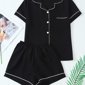 TEMU 여성용 봄/여름 라펠 솔리드 블랙 반팔과 반바지 캐주얼하고 편안한 파자마 세트 라운지웨어