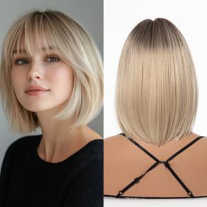 TEMU 핫셀링 천연 통기성 기방스 그라데이션 골든 숏 헤어 보보 유럽&미국 스타일 가발 풀헤드 헤어스타일/패션 베이직/편안한 천연/보보 헤드