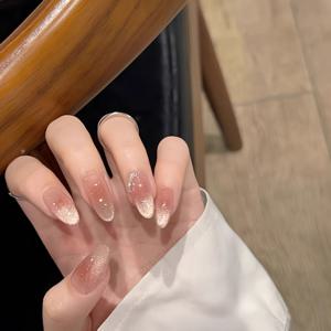 TEMU 10개 순수 수제 고양이 눈 손바느질 네일 아트, 우아한 누드 컬러와 쉬운 재사용 가능, 일상, 직장, 데이트 및 파티 댄스에 적합