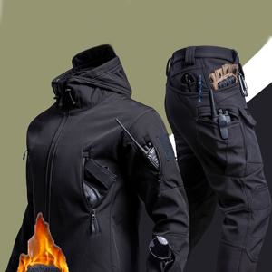 TEMU 가을 겨울 남성용 플리스 따뜻한 슈트 상어 가죽 소프트 쉘 방풍 후드 재킷 아웃도어 스포츠 하이킹 사냥 긴 바지