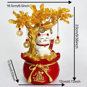 TEMU 고양이 돈 나무 장식품, 빨간색과 금색 보물 그릇, 사업 개업 선물, 거실 또는 사무실 부를 위한 풍수 장식, 번영과 풍요를 유도