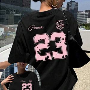 TEMU 대칭 프린트 반팔, , 숫자 23 패턴 여성용 단품 트렌디 캐주얼 티셔츠, 반소매 라운드넥 캐주얼 상의, 여름 및 봄, 여성 의류