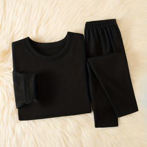 TEMU 2pcs 가을/겨울 남아용 기모 속옷 세트, 중/대형 남아용 동일 스타일 고탄력 슬림핏 기본 라운드넥 긴팔 상의 + 기모 긴바지 세트, 캐주얼하고 활용도 높음, 기저 상의 및 기저 바지로 내부 착용 가능