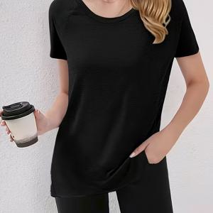 TEMU 여성용 솔리드 컬러 라운드넥 반소매 블라우스 - 우아한 캐주얼 튜닉 탑, 봄/여름 사무실부터 주말 착용까지 - 세탁기 사용 가능한 솔리드 컬러 베이직 티