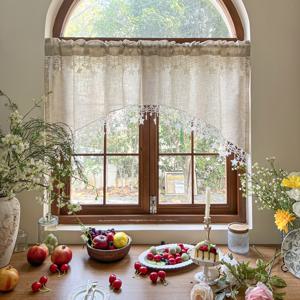 TEMU 1패널 프렌치 컨트리 커튼 - 솔리드 컬러 아치형 상단 별 장식, 필터링 패널, 주방, 현관, 식당용 - 러스틱 팜하우스 창문, 로드 포켓 (저유지보수)