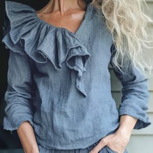 TEMU 패셔너블하고 우아한 블루 브이넥 탑, 루즈핏 7부소매 캐주얼 프렌치 스타일 블라우스, 출퇴근용으로 부드럽고 활용도 높은 ZLLZ