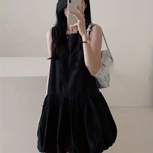 TEMU 여성 나시 미니 원피스 스퀘어넥 슬리브리스 벌룬 셔링 루즈핏 체형커버 시원한 여름 꾸안꾸 데이트룩 바캉스룩 블랙